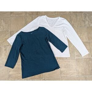 2 Garnet Hill sz L T-shirts white blue ls 3/4 pima cotton blend shirt 4553